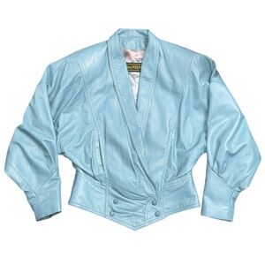 80s DANIER women's retro aqua blue padded cropped leather jacket, XS.